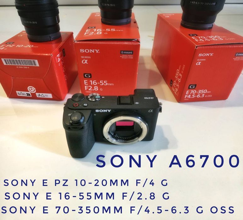 Sony A6700 + 3 obiektywy Sony G (10-20mm, 16-55mm, 70-350mm)