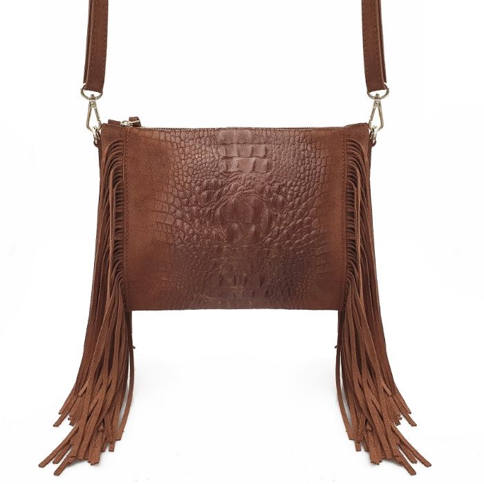 VERA PELLE torebka zamszowa listonoszka z frędzlami V001 brązowa