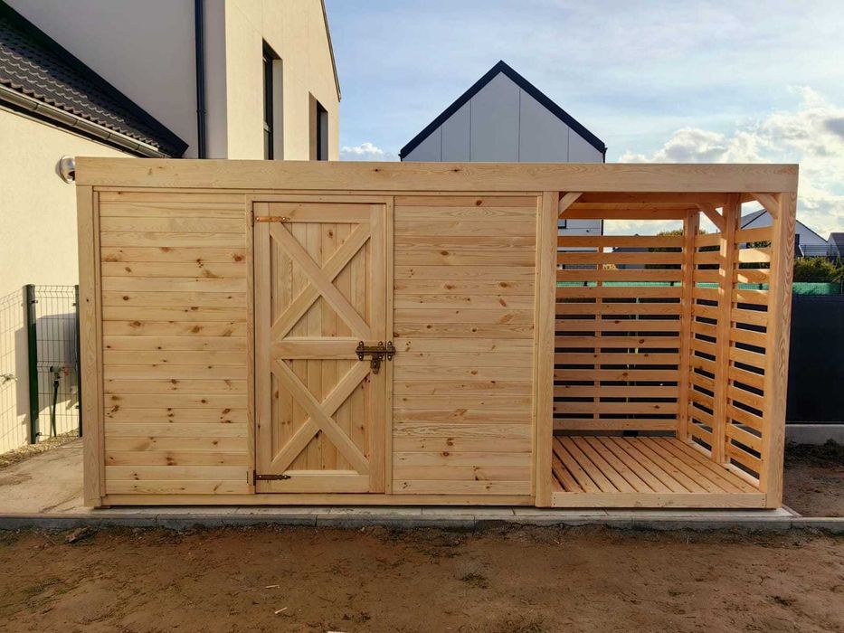 Drewniany domek narzędziowy 3 x 1,5m z drewutnią na drewno 1,5 x 1,5m