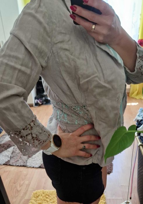 Beżowy Żakiet marynarka lniana, len M haft ażur