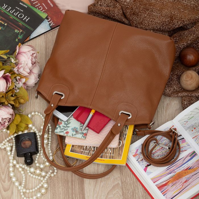 VERA PELLE torebka skórzana shopper z paskiem na ramię V658 camel