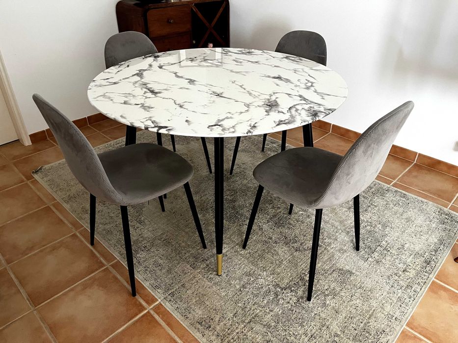 Mesa de jantar com efeito de mármore para 5/6 pessoas D120 + 4 cadeiras