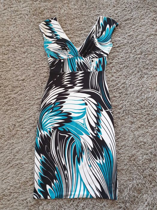 Sukienka ołówkowa XS 34 S 36 turkusowa czarna biała święta sylwester