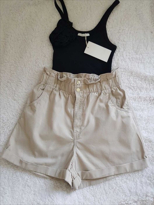Beżowe spodenki szorty paperbag h&m wysoki stan