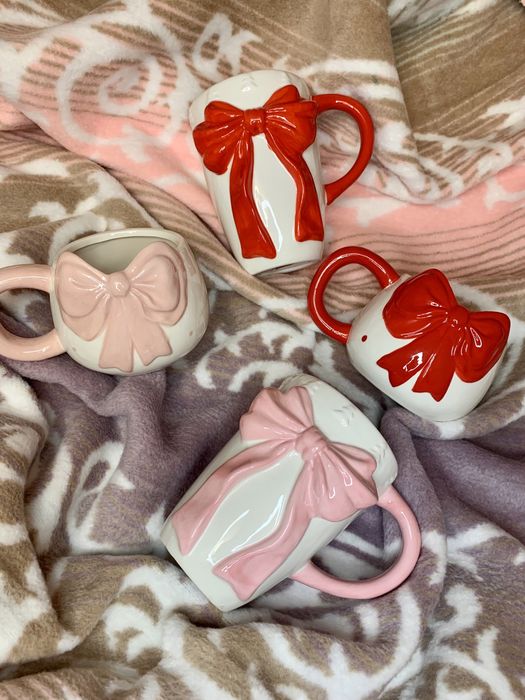 Чашка, чашка з бантом, велика чашка, рожева, червона