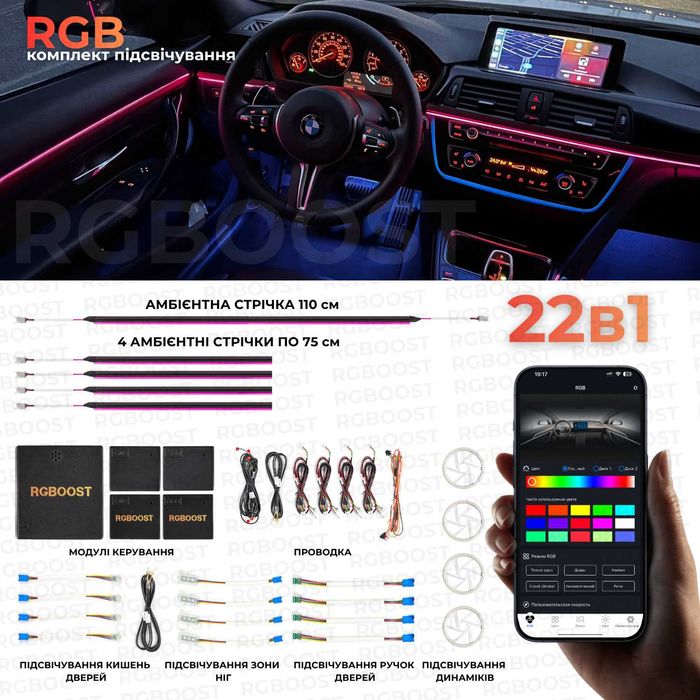 RGB 22в1 Контурная Ambient подсветка салона авто (Премиум качество)