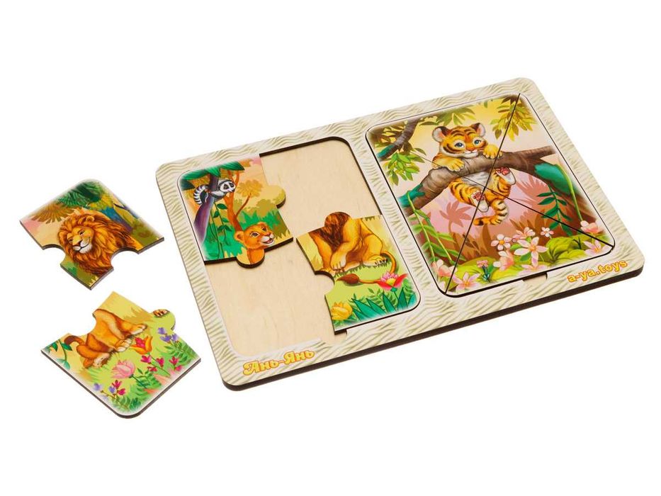 Drewniane puzzle w ramce «Lwy i tygrysiątka»