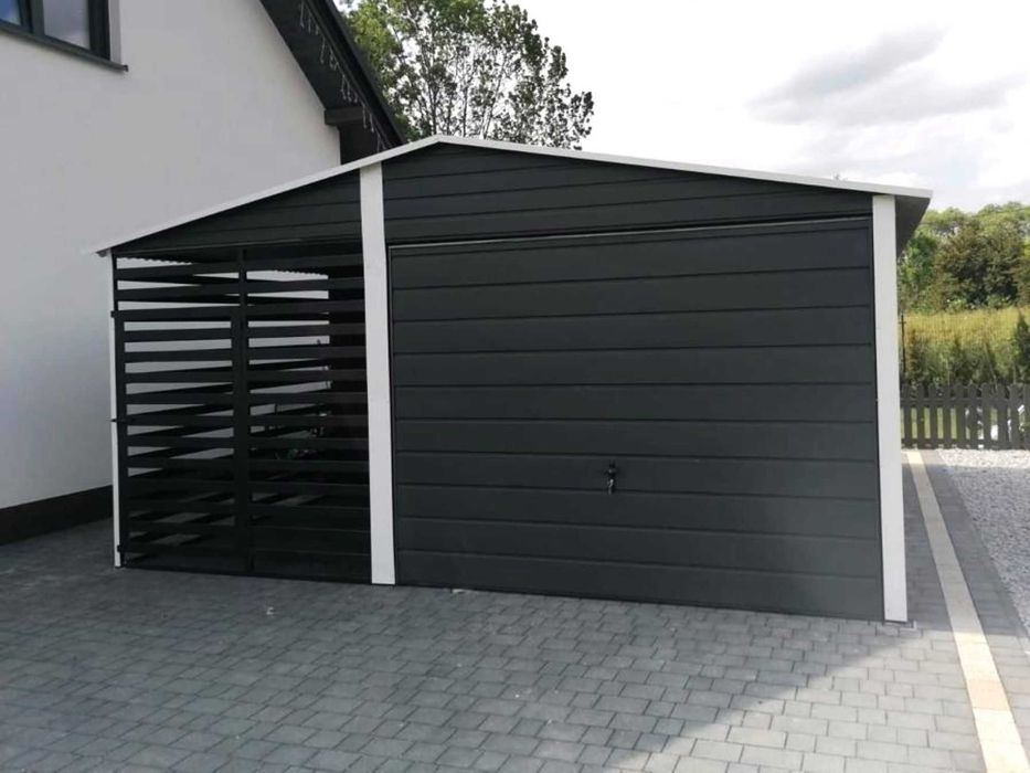 Blaszany garaż 3×5 m + kojec dla psa 2x5m – ciemny grafit matowy