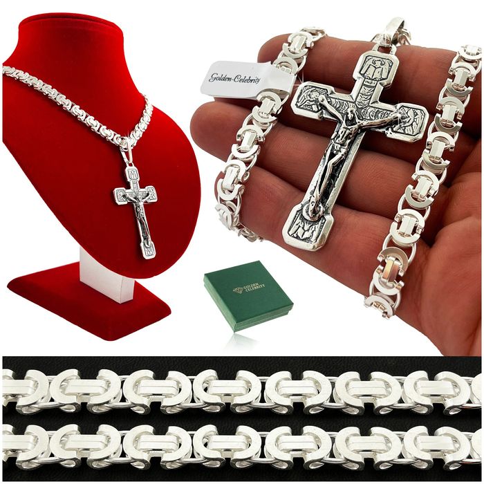 Gruby Łańcuszek Srebrny Męski Splot Krolewski 7 Mm + Krzyżyk 925 + Gra