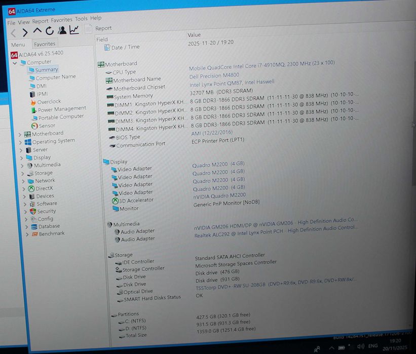 Dell Precision m4800 Quadro m2200 Core i7-4910MQ 4K UHD 32GBRAM м4800