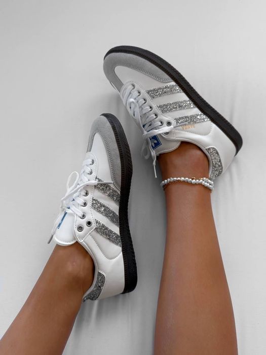 ХІТ СЕЗОНУ! Adidas Samba White Glitter Shine 36 37 38 39 40 41 адідас самба білі глітер сірі