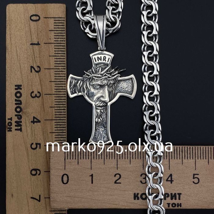 Масивна срібна цепочка чоловіча Бісмарк з хрестиком 925 проба ланцюжок