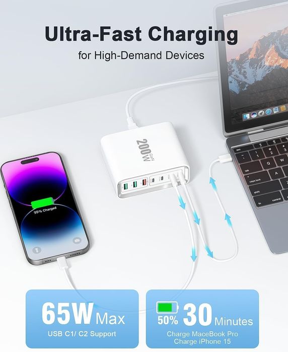 Супершвидка зарядна станція, 200 Вт GaN, 7-портовий зарядний пристрій