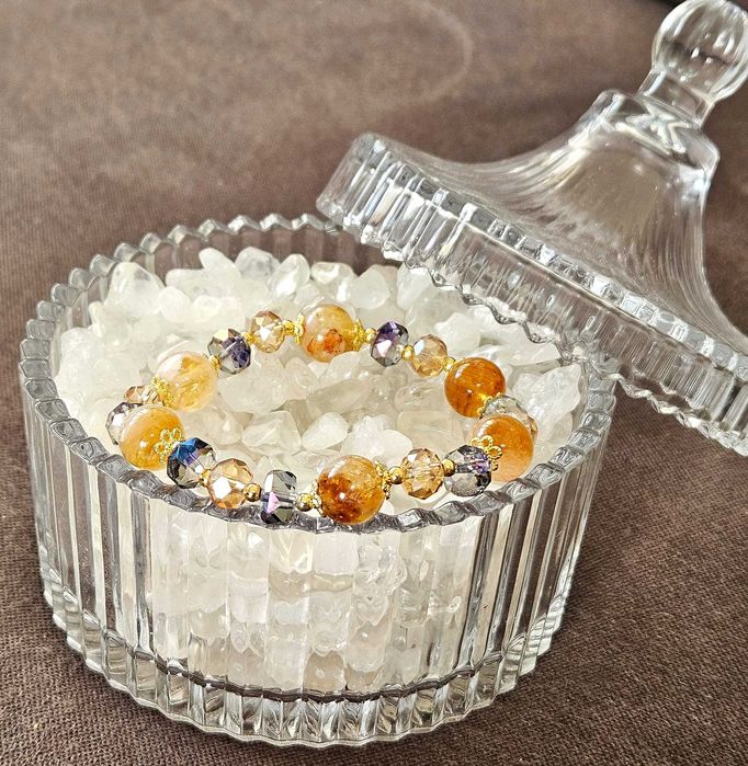 Pulseira de Citrino Natural e Grãos de Cristal Austríaco