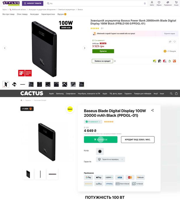 Повербанк Baseus 100W 20000 mAh Power Bank MacBook iPhone