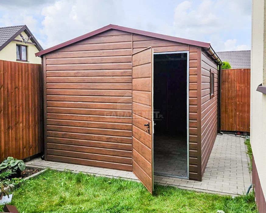 SCHOWEK DOMEK OGRODOWY 3X4 M - Drzwi Okno Rynny Ciemny Orzech TS758