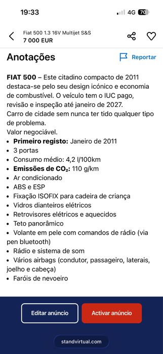 Fiat 500 1.3 16V Multijet em bom estado e muito estimado. Vende-se por troca de veículo