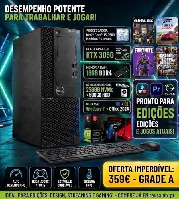 Desktop Dell Low Gaming 7ªG| i5 ou i7 | 16G-DDr4 | NVMe256 + HDD500 | RTX3050-6G | WiFi | W11