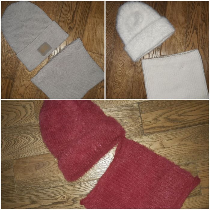 Набір шапка хомут шарф бордо/біла/бежева