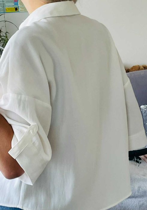 Zara koszula damska wiskozowa ecru XS S M oversize krótki rękaw minimalistyczna basic