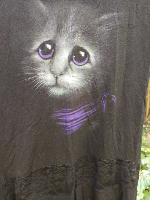 Czarna bluzka z krótkim rękawem z kotem, goth, L