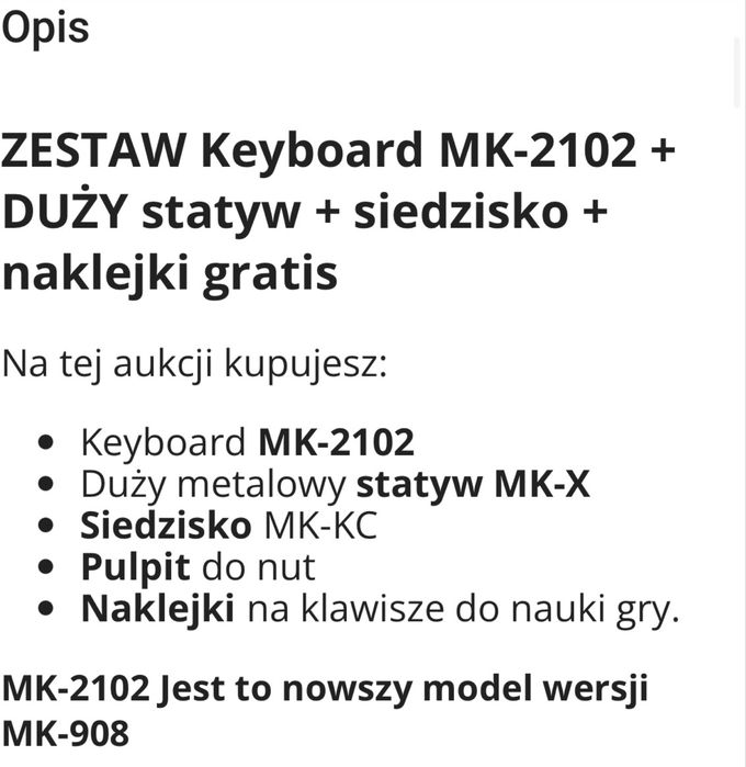 Keyboard Pianino Organy MK-2102 USB Duży zestaw STATYW SIEDZISKO NAKLEJKI