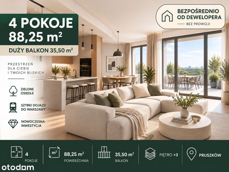 4 pokoje | 88 m² | Balkon 35 m² | Bez prowizji