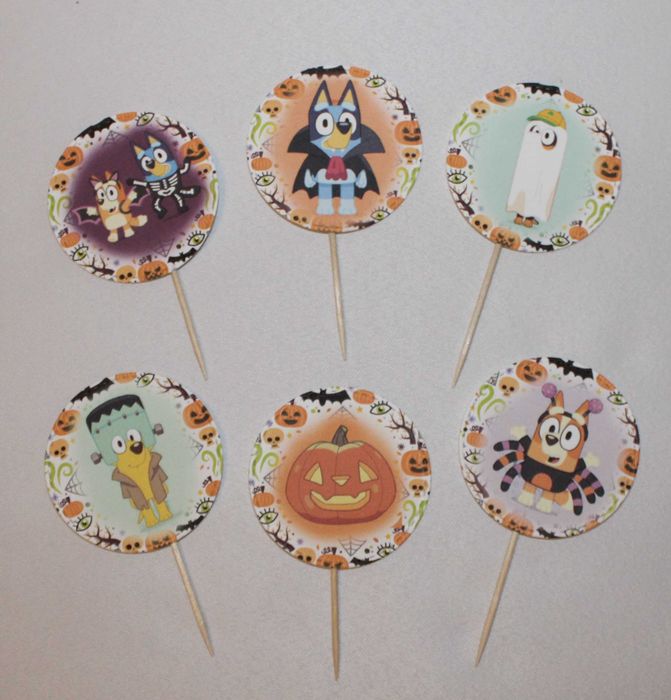 6x pikery dwustronne z Bluey pieski Blu i Bingo na Halloween
