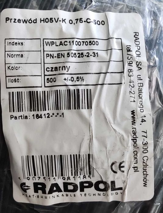 Przewód LGY H05V-K 0,75mm2 /różne długości/