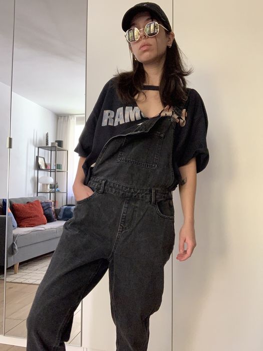 Spodnie dżinsy jeansy postarzane ogrodniczki luźne baggy skate