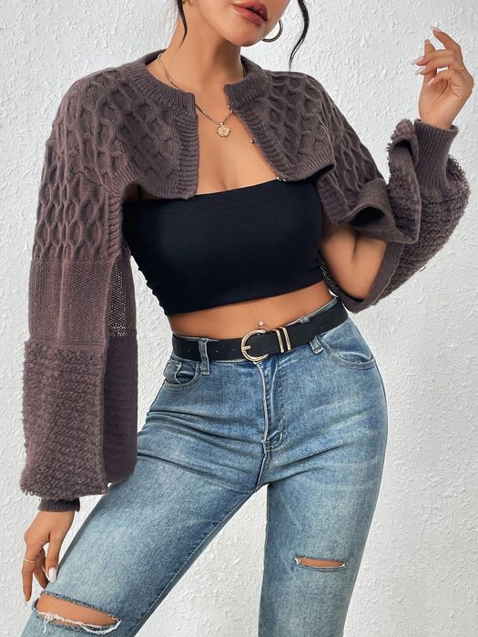 Kardigan Sweterek Krótki Z Bufiastymi Rękawami Brązowy Casual Shein S