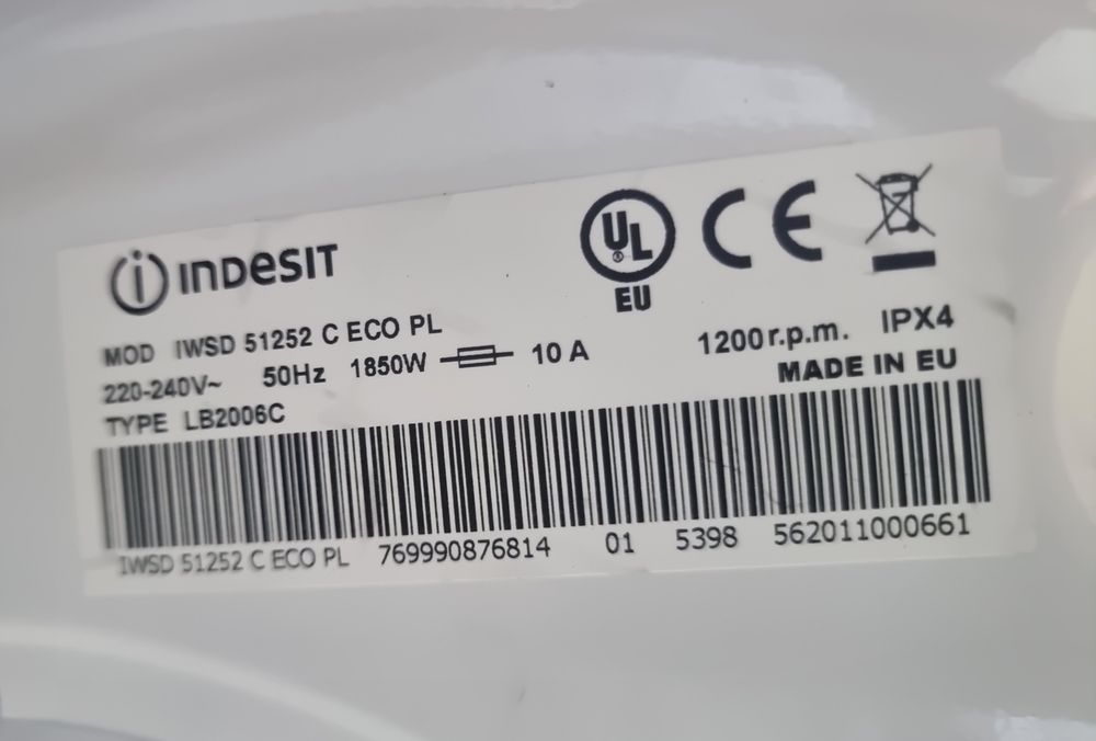 Pralka Indesit IWSD 51252 – uszkodzona, na części lub do naprawy