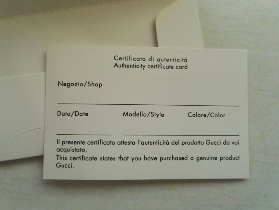 Certyfikat autentyczności Gucci Italy authenticity certificate card