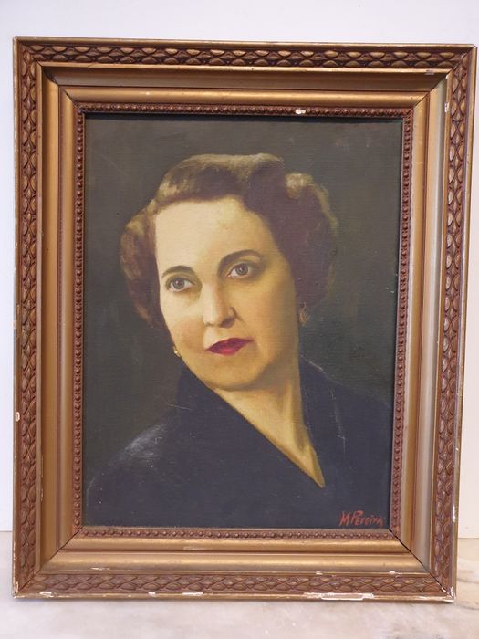 Antigo retrato de uma Senhora em óleo sobre tela - M. Pereira