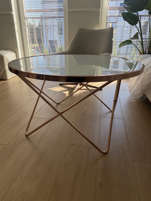 Szklany stolik kawowy 85cm okrągły miedziany metal szkło glamour