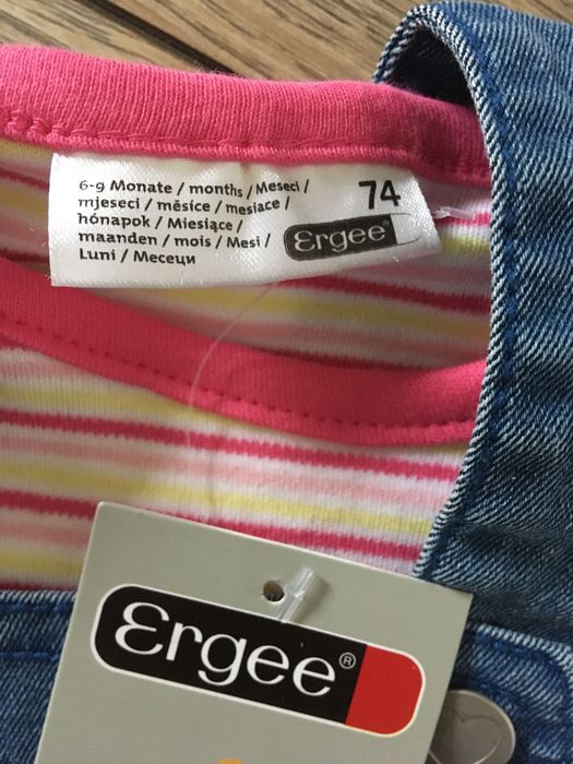 Komplet nowy z metką sukienka na szelkach jeans bluzka w paski 74