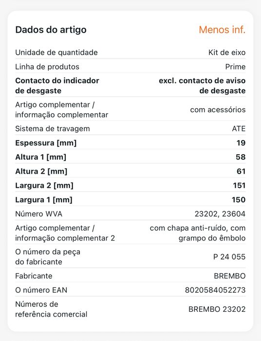 Kit Brembo 258mm discos e pastilhas ventilados e perfurados