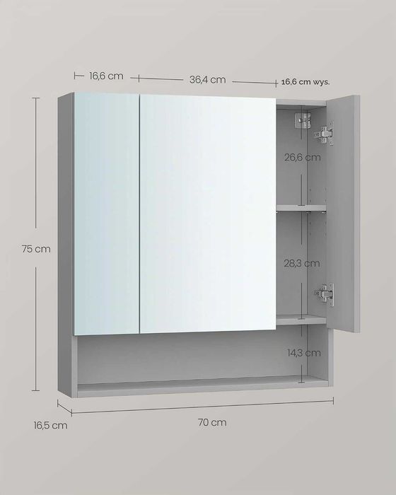 Szafka łazienkowa lustrzana z 3 drzwiami (70 x 75 x 16,5 cm) Szara szafka z lustrem duża pojemna, regulowane półki, szary, VASAGLE BBK129G01