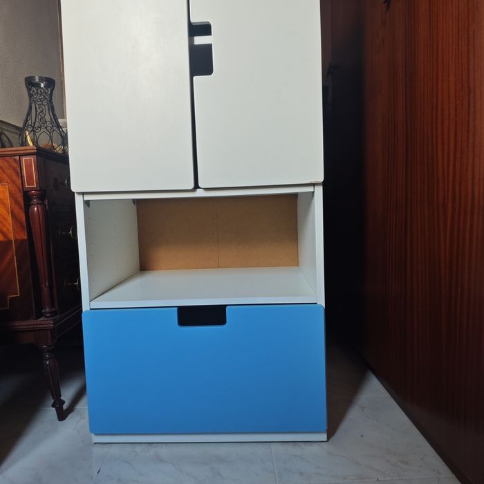 White and blue cabinet with one drawer