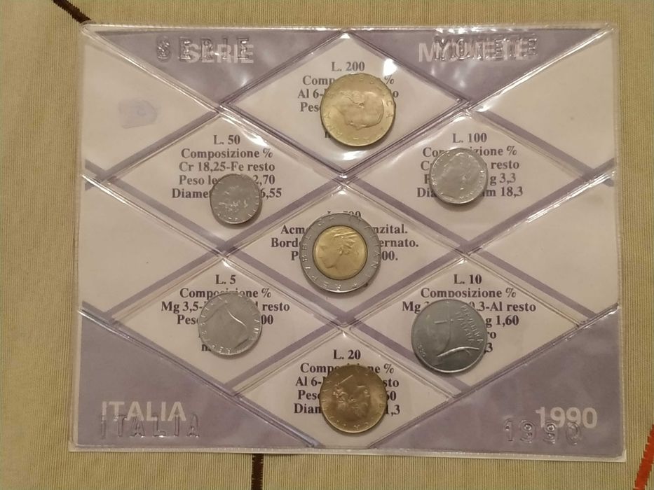 Italy - Set of 7 Uncirculated 1990 Circulating Coins