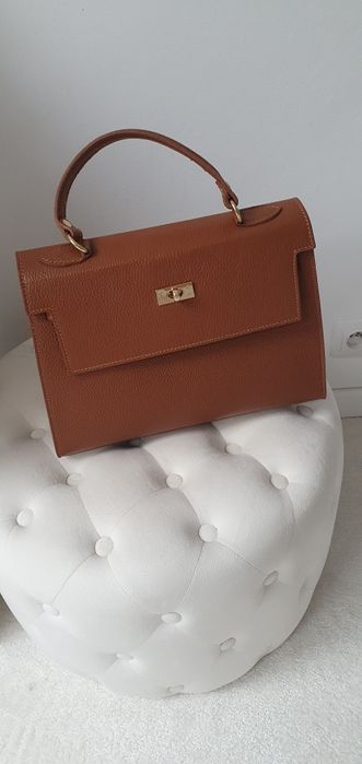 Skórzany kuferek brązowa karmelowa torba damska skóra złote okucia pol