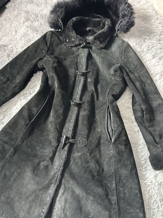 Gruby ocieplany długi plaszcz SAKI zimowy skórzany skórs naturalna