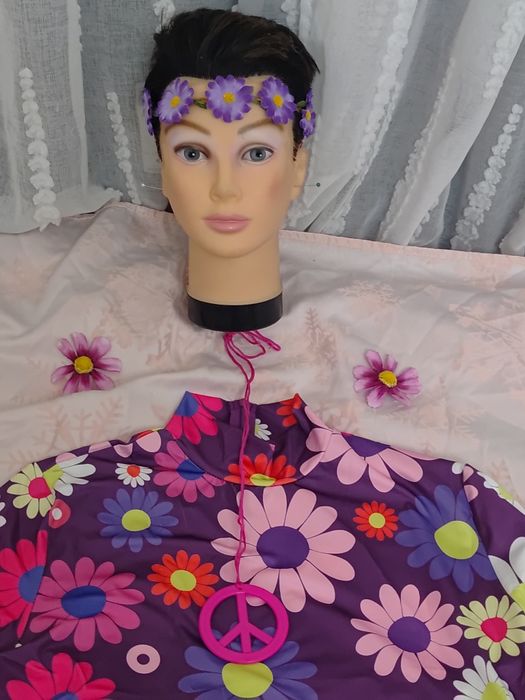 Strój przebranie hippie hipis hipiska lata 60/70 4 części rozmiar XL