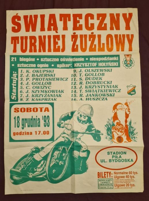 Oryginalny plakat żużel świąteczny turniej PZM 1993