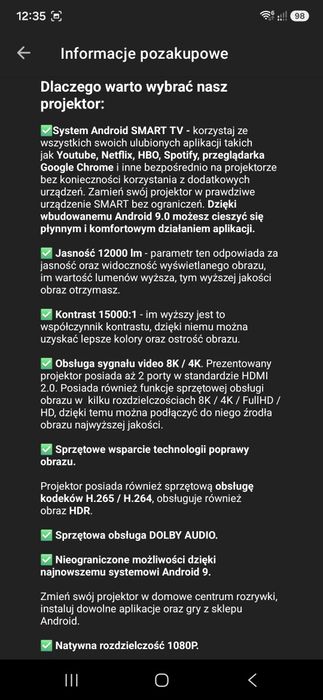 Projektor, Rzutnik HDMI SMART TV ANDROID