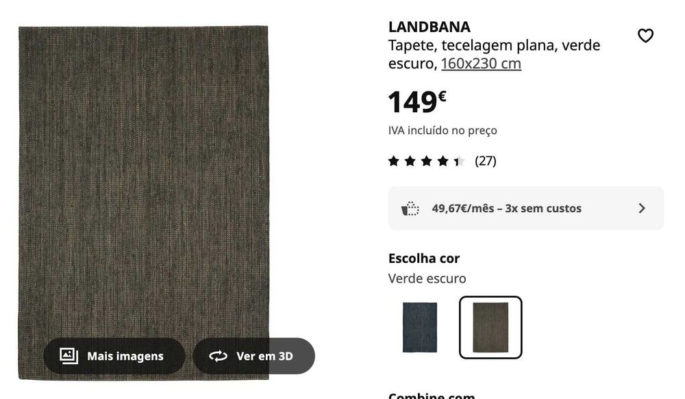Tapete 160 x 230 IKEA LANDBANA verde escuro