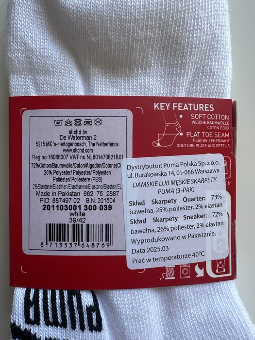 Skarpetki Puma 3-pak 39-42 biale stopki.