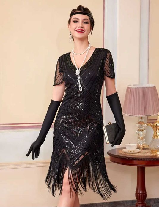 Elegancka sukienka lata 20 RETRO Gatsby cekiny, r. L karnawał wesele Sylwester