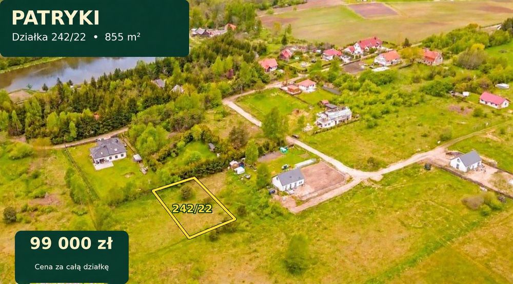Działka budowlana 855 m² w Patrykach koło Olsztyna – bezpośrednio