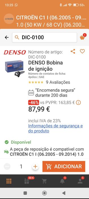 Bobina ignição CITROEN C1/Peugeot 107/Toyota Aygo e Yaris